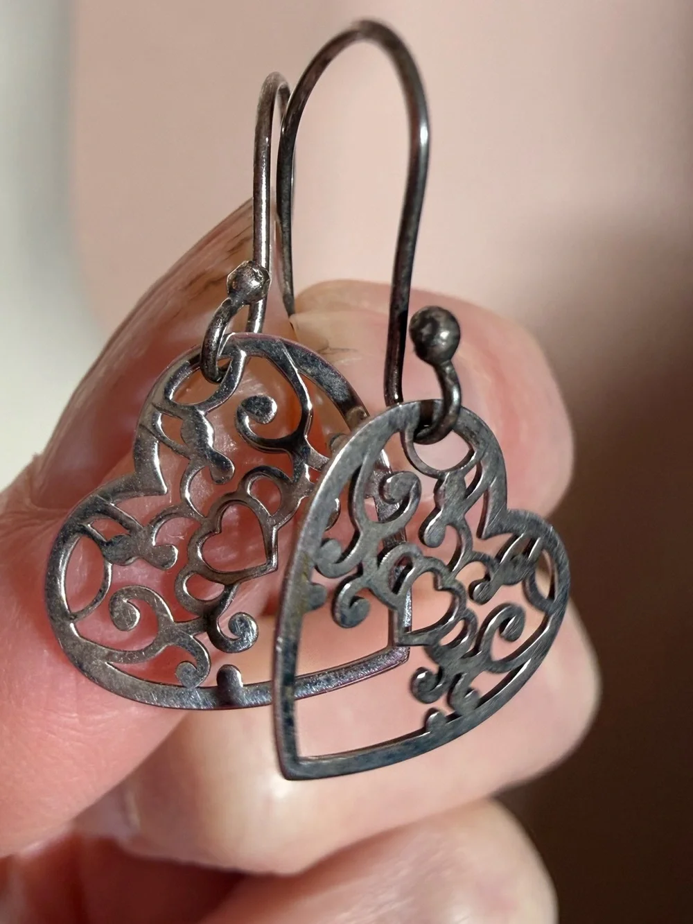Vintage sterling silver Mexico ATI Filagree southwestern heart Dangle earrings